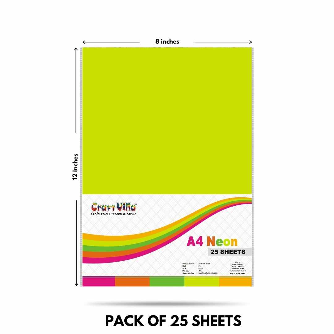 Neon A4 Fluorescent Color Paper 5 Unique Colors, Pack of 25 Sheets