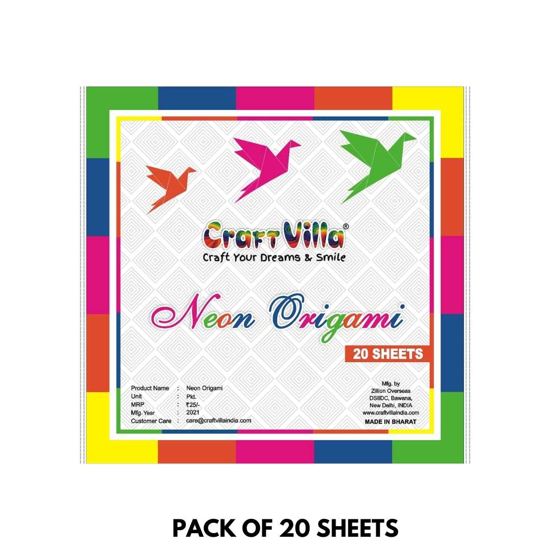 Neon 6×6 Fluorescent Origami Sheets 5 Unique Colors, Pack of 20 Sheets